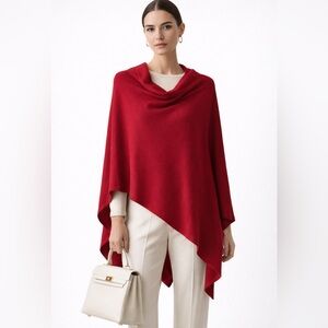 CASHMERE Red Cashmere Poncho Wrap Cowl Neck Asymmetrical Hem One Size
